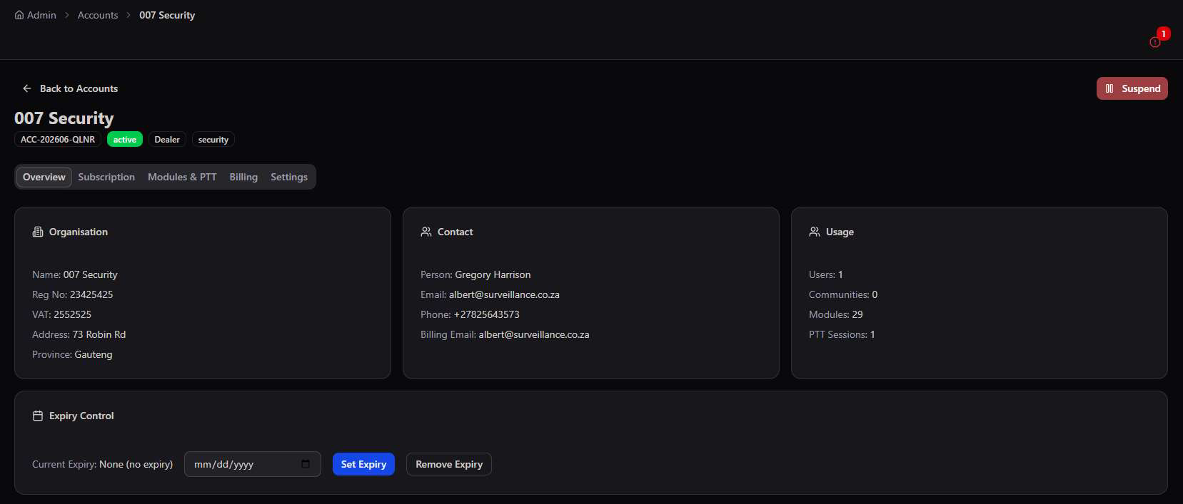 007 Security account detail page showing Organisation, Contact, and Usage panels, an Expiry Control with a Set Expiry date picker, and tabs for Overview, Subscription, Modules and PTT, Billing, and Settings, with a Suspend button