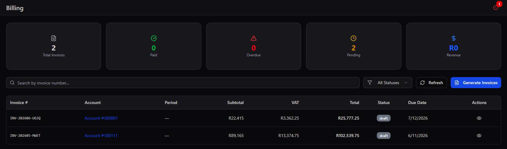 Billing dashboard showing 2 Total Invoices, 0 Paid, 0 Overdue, 2 Pending, R0 Revenue, a search bar, All Statuses filter, Refresh button, Generate Invoices button, and a table of invoices with subtotal, VAT, total, status, and due date