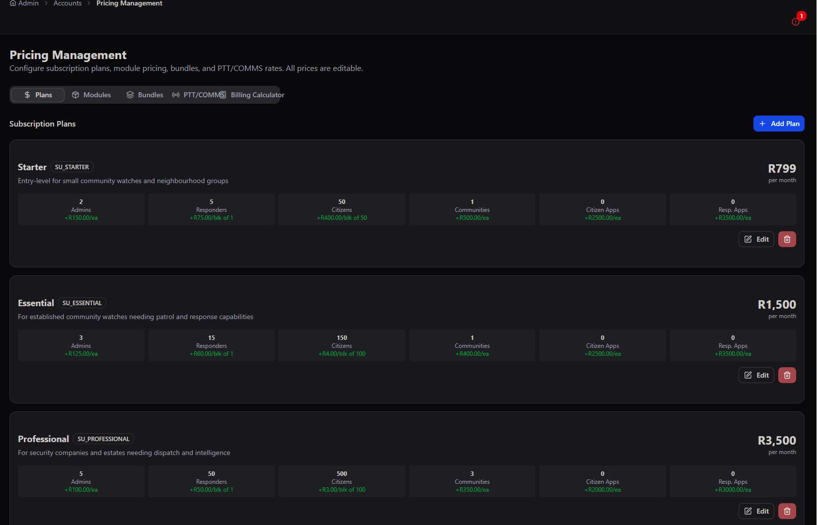Pricing Management Plans tab showing Starter at R799/month, Essential at R1500/month, and Professional at R3500/month, each with included Admins, Responders, Citizens, Communities, Citizen Apps, and Responder Apps, plus overage rates