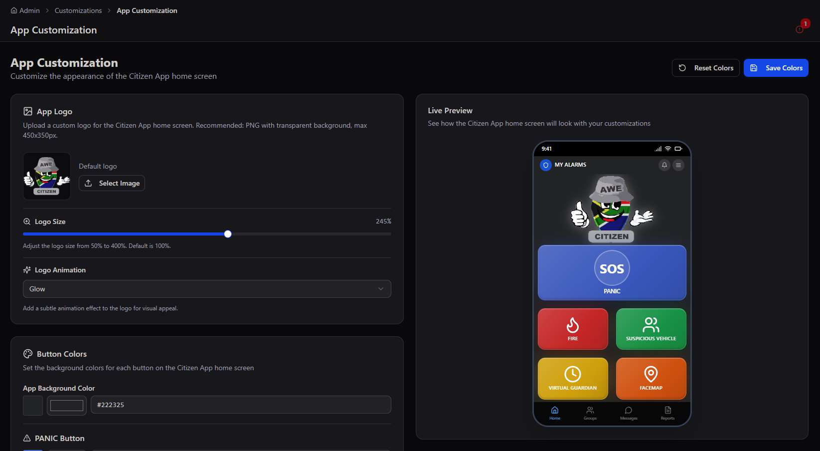 App Customization screen with logo upload, logo size slider, logo animation dropdown, button colors, and a live phone preview