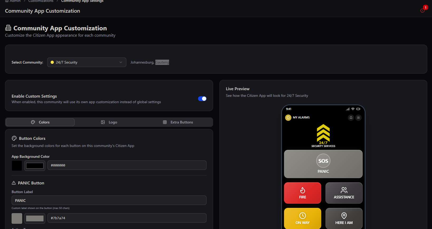 Community App Customization screen for 24/7 Security with custom black theme and yellow branding shown in the live preview
