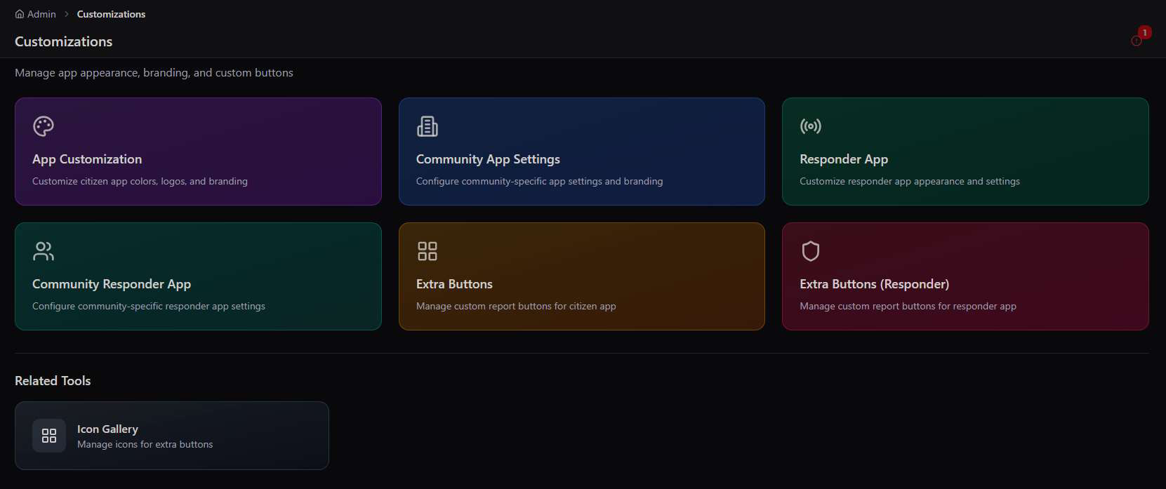 Customizations landing screen with six cards: App Customization, Community App Settings, Responder App, Community Responder App, Extra Buttons, Extra Buttons Responder, and Icon Gallery