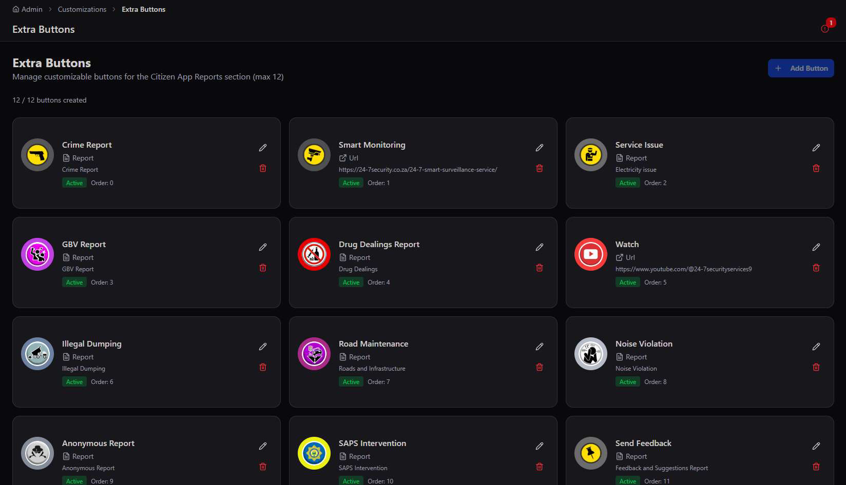 Extra Buttons screen for the Citizen App showing 12 configured buttons including Crime Report, Smart Monitoring, GBV Report, Drug Dealings Report, and SAPS Intervention