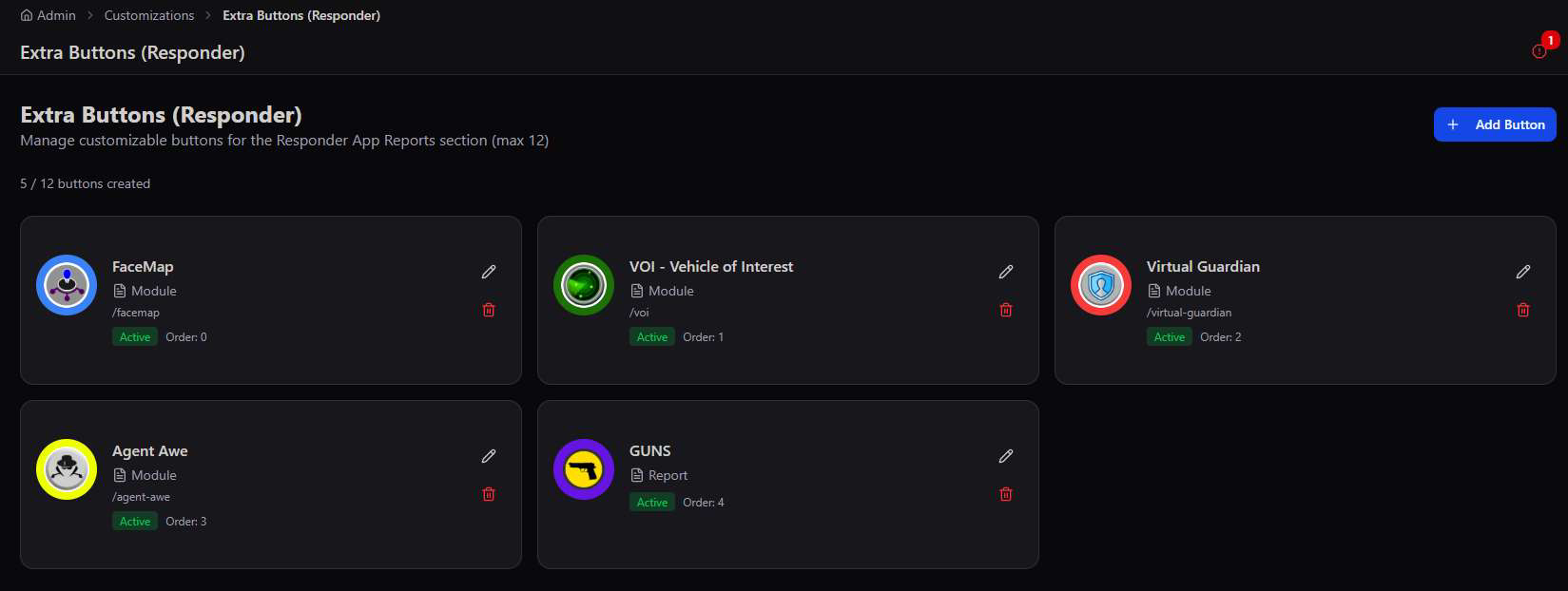 Extra Buttons (Responder) screen showing 5 of 12 buttons: FaceMap, VOI - Vehicle of Interest, Virtual Guardian, Agent Awe, and GUNS