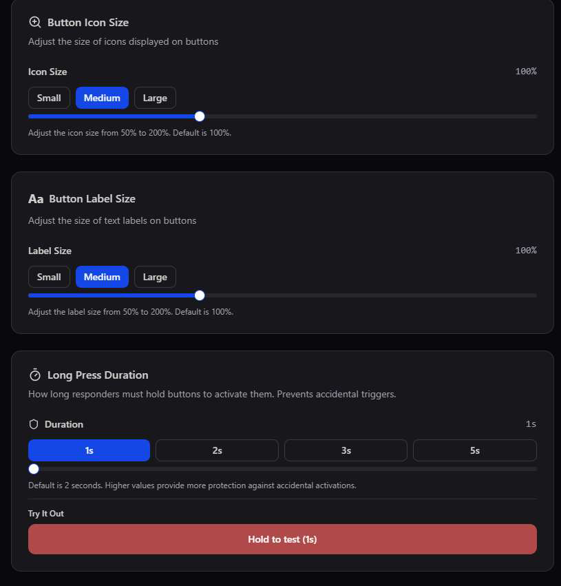 Button Icon Size, Button Label Size, and Long Press Duration sliders with a Try It Out test button