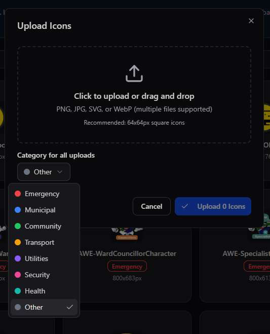 Upload Icons modal with drag-and-drop area and a category dropdown listing Emergency, Municipal, Community, Transport, Utilities, Security, Health, Other
