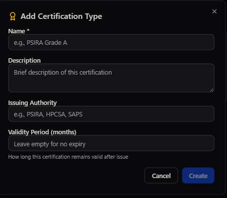 Add Certification Type modal