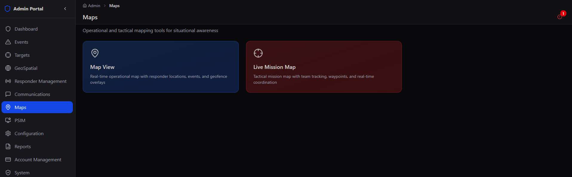 Maps module landing screen with Map View and Live Mission Map cards