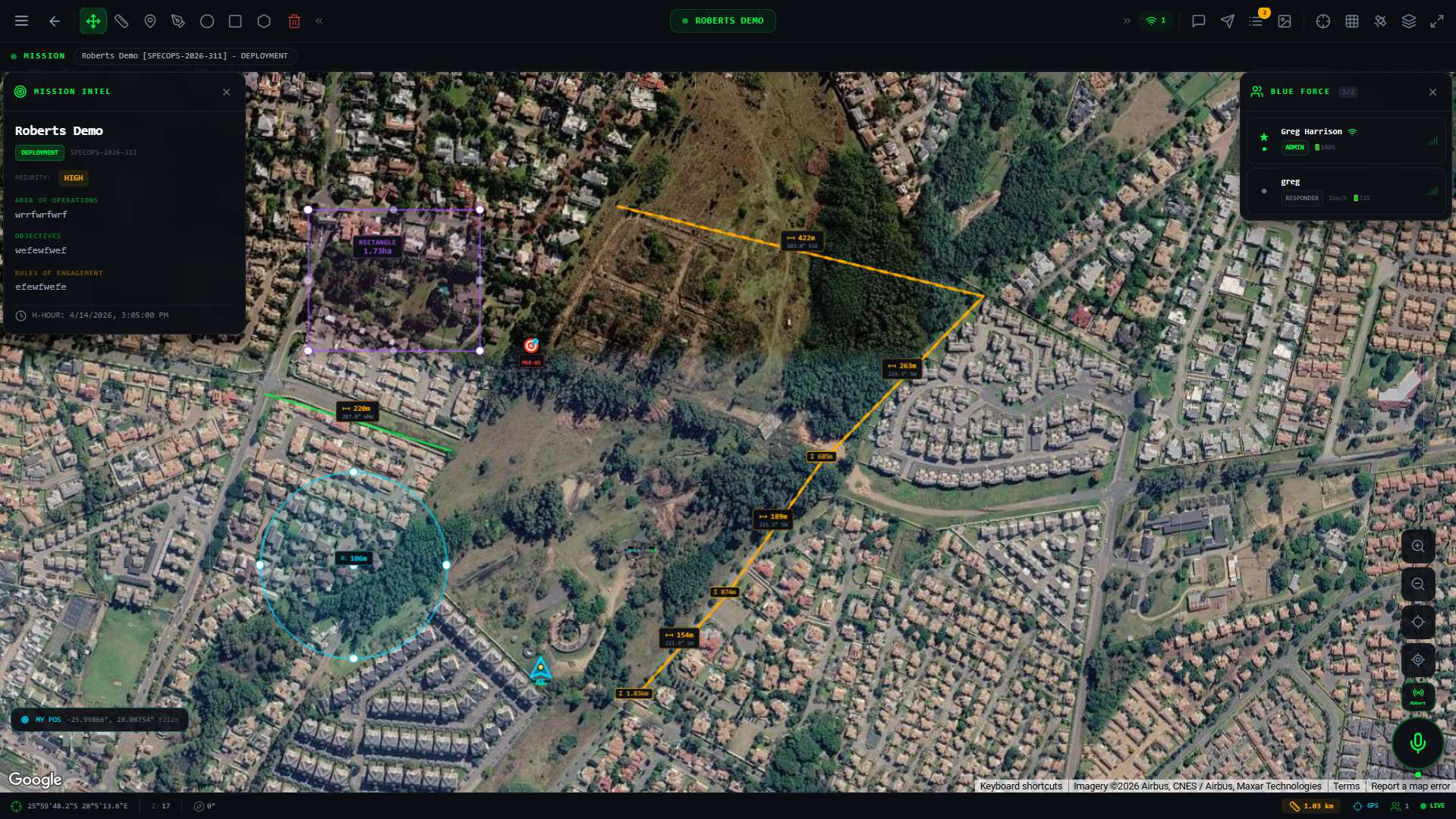 Mission Intel panel and Blue Force roster over satellite imagery