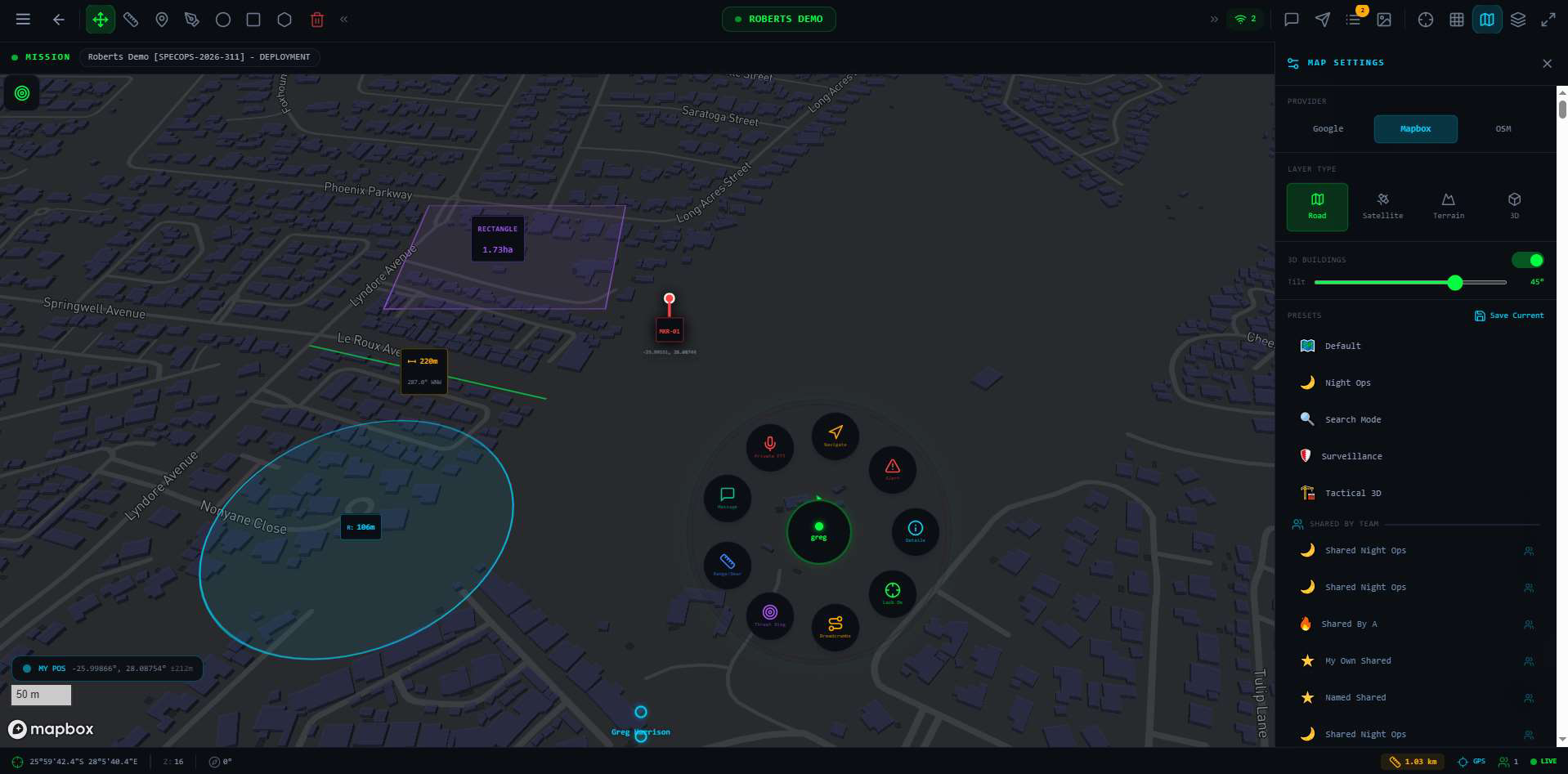 Map Settings panel with provider, layer type, 3D buildings, and presets