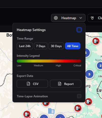 Heatmap Settings panel with time range and export options