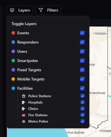 Toggle Layers panel listing Events, Responders, Users, Smartpoles, Fixed Targets, Mobile Targets, Facilities