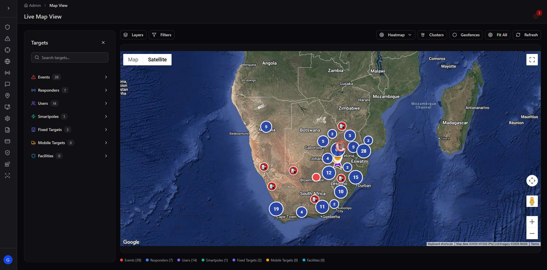 Live Map View showing clustered targets across Southern Africa