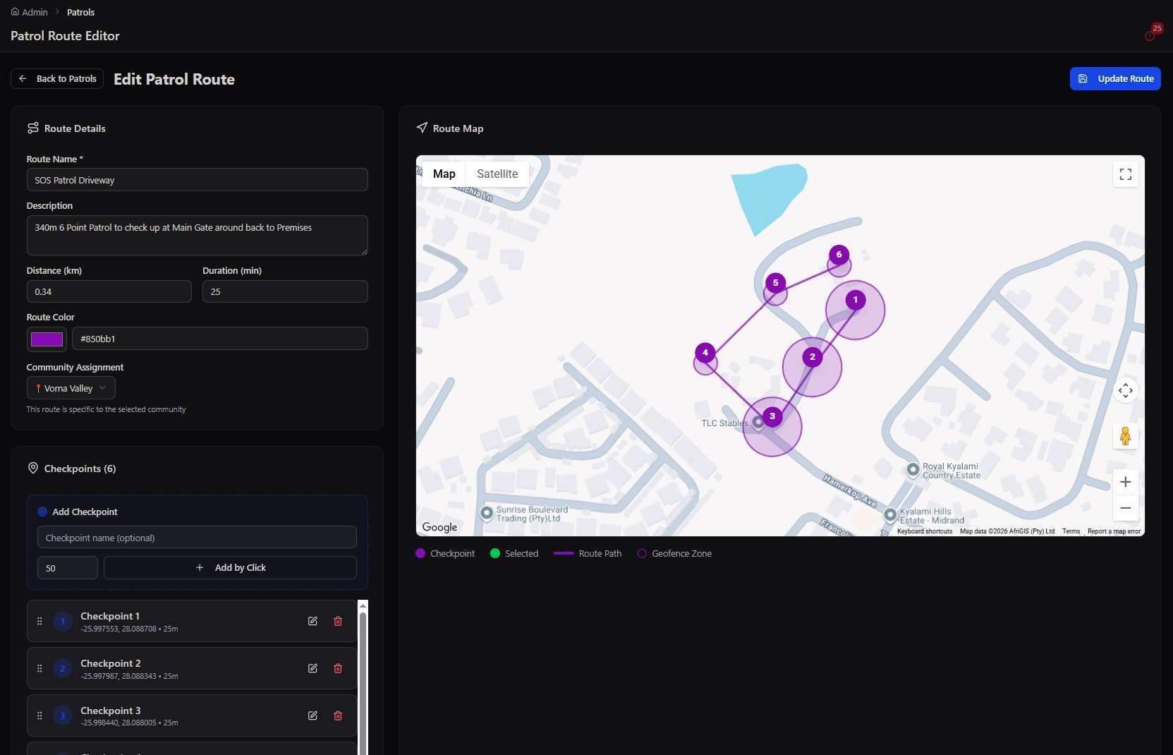 Patrol Route Editor with live map