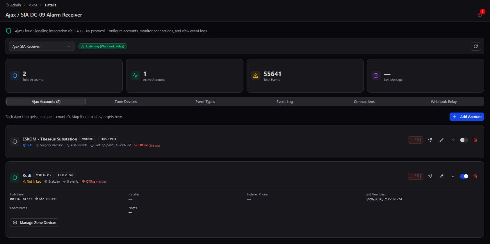 Ajax SIA DC-09 accounts list with hub serial and heartbeat