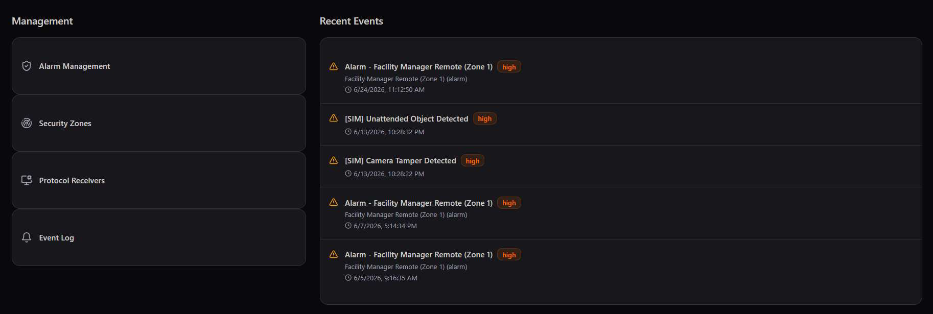 Dashboard Management submenu and Recent Events feed
