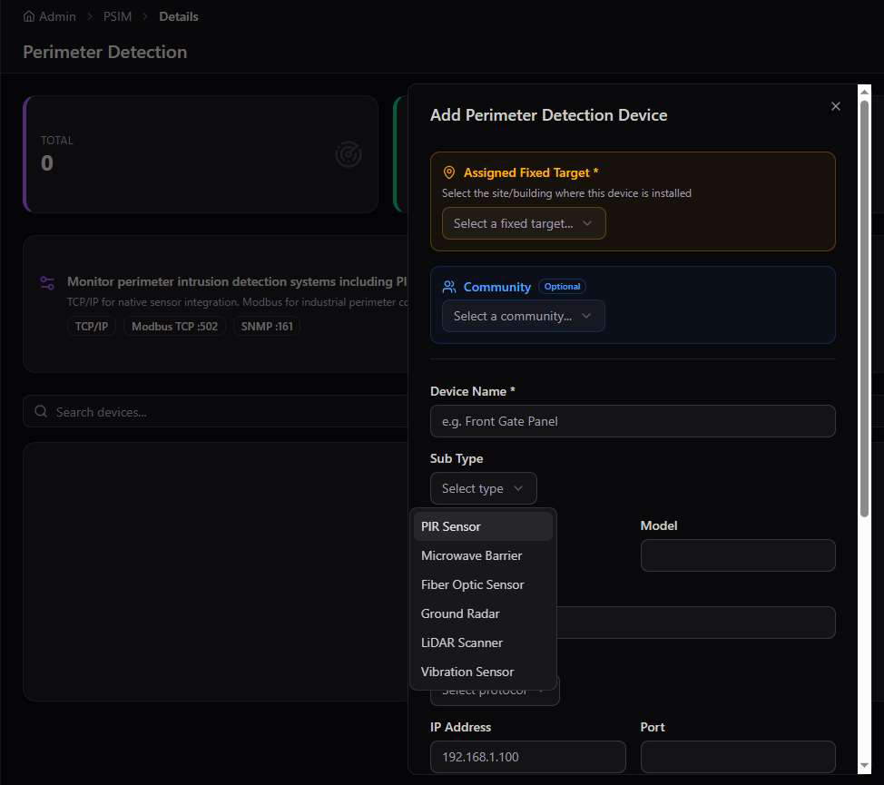 Add Perimeter Detection Device dialog with sensor sub-type dropdown