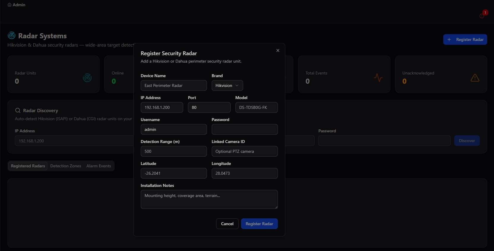 Register Security Radar dialog with detection range and coordinates