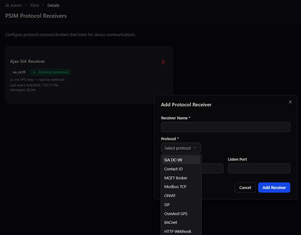 Add Protocol Receiver dialog with a dropdown of supported protocols