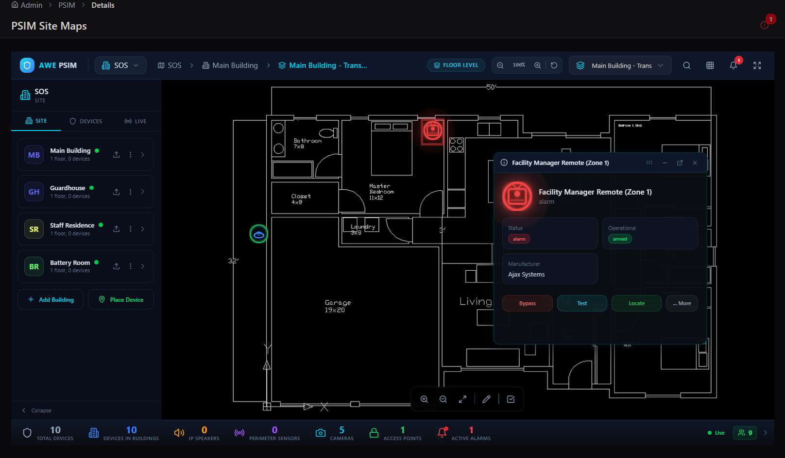 PSIM Site Maps floor plan with an alarm device popup