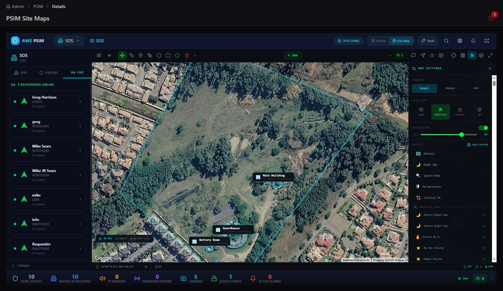 Live Map satellite view with responder roster and Map Settings panel