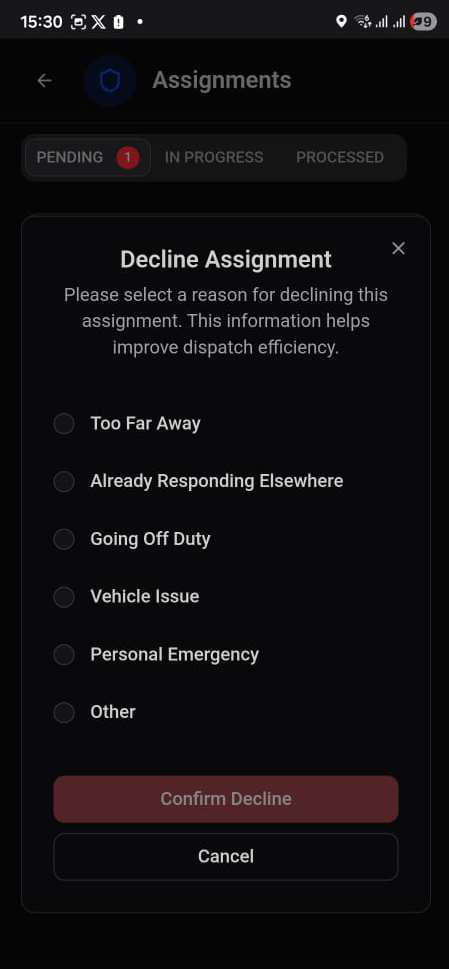 Decline Assignment reason selection modal