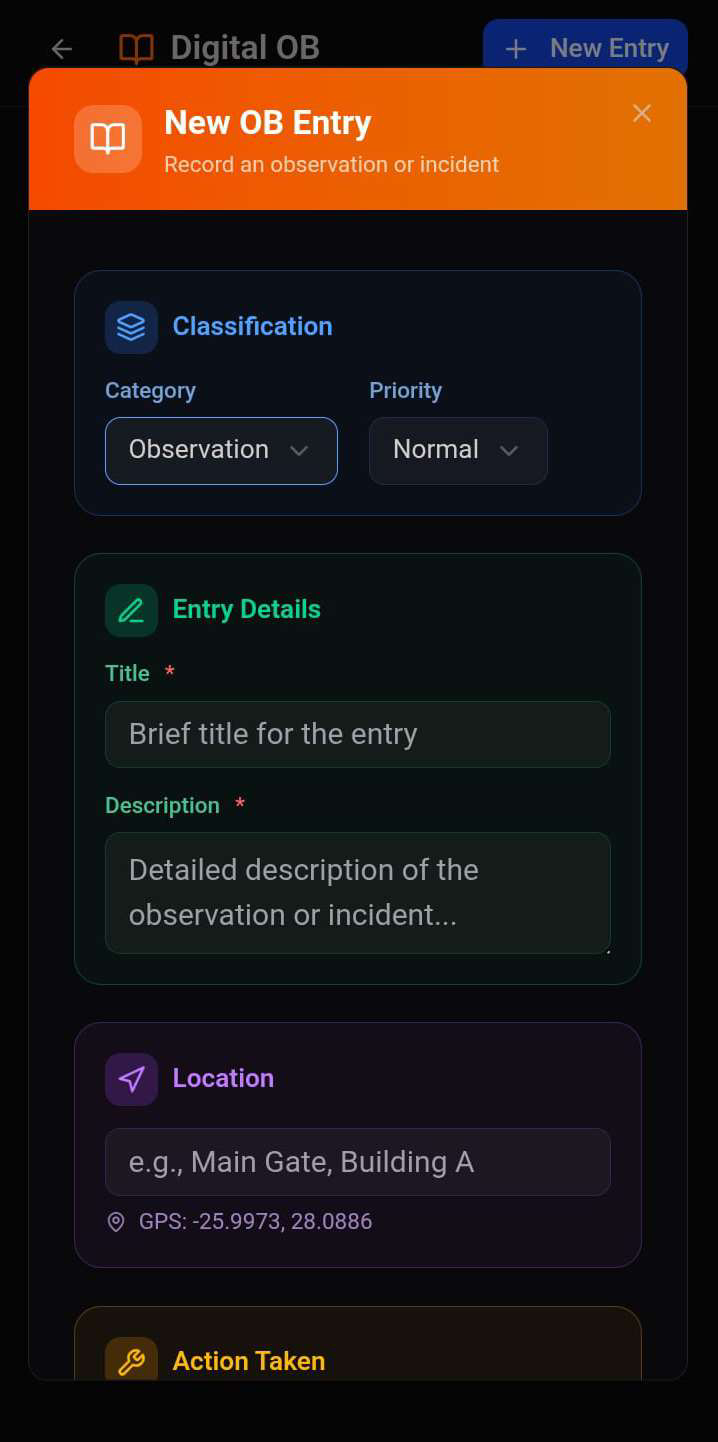 New OB Entry form with classification, details, location, action taken