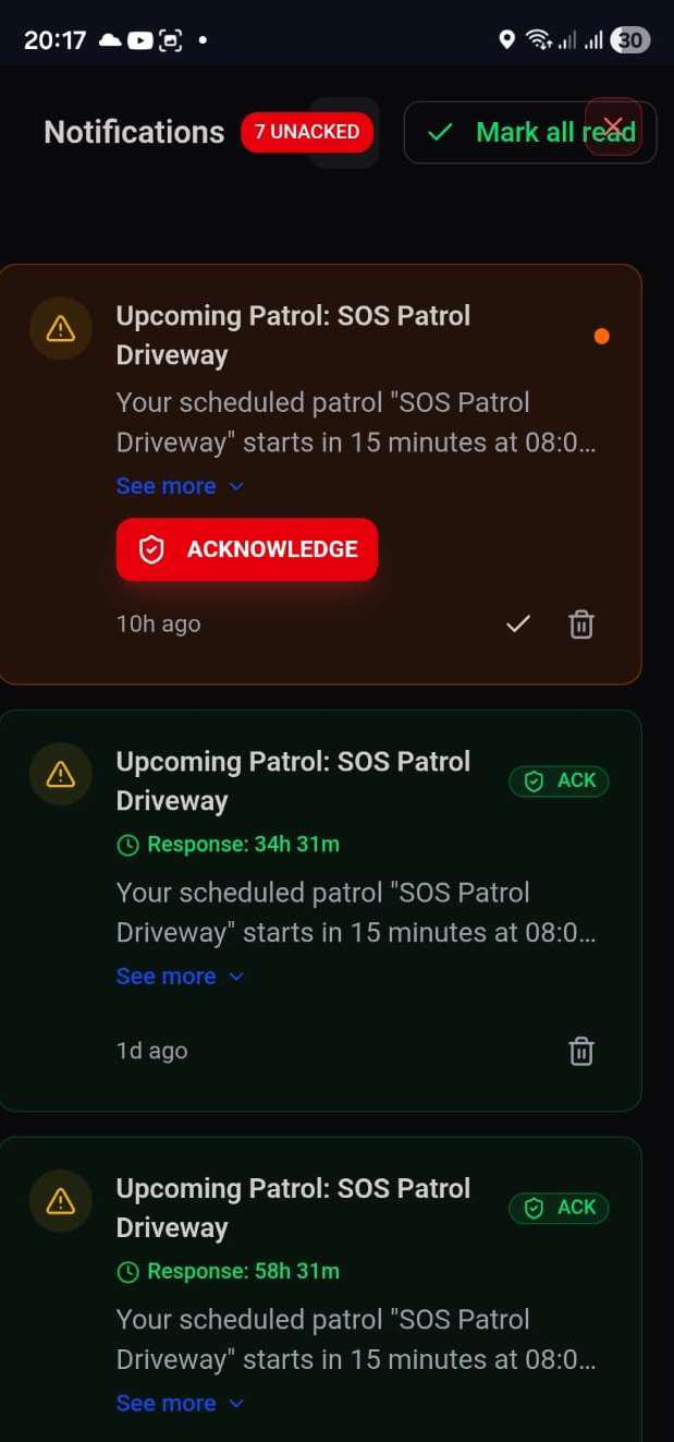 Notifications list with patrol acknowledgements