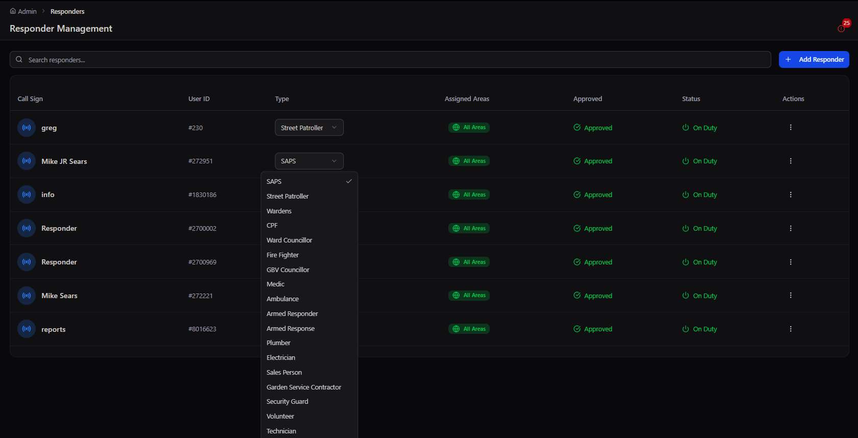 Responders table with the responder type selector open