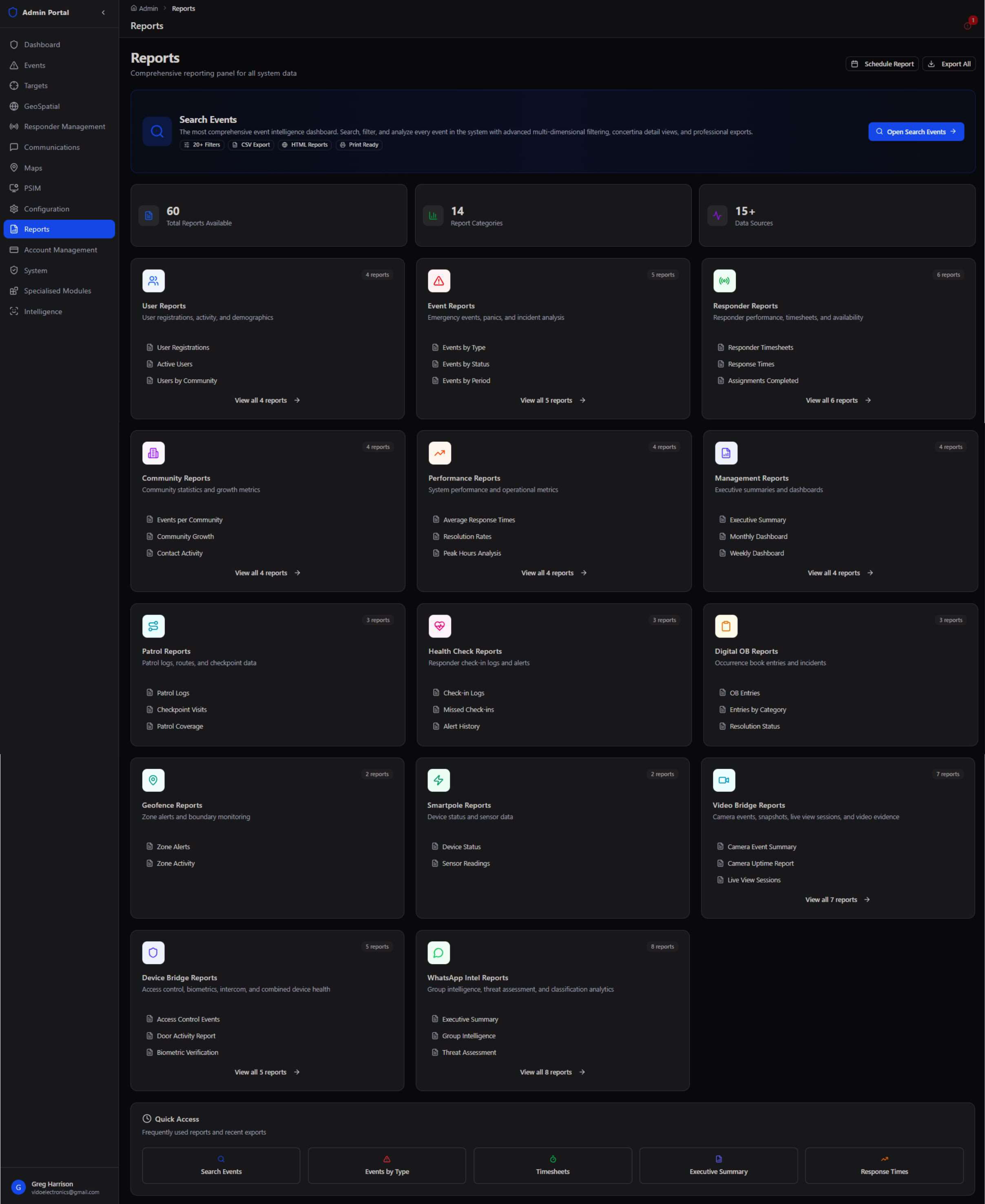 Reports landing page with Search Events banner and 14 report category cards including User, Event, Responder, Community, Performance, Management, Patrol, Health Check, Digital OB, Geofence, Smartpole, Video Bridge, Device Bridge, and WhatsApp Intel Reports