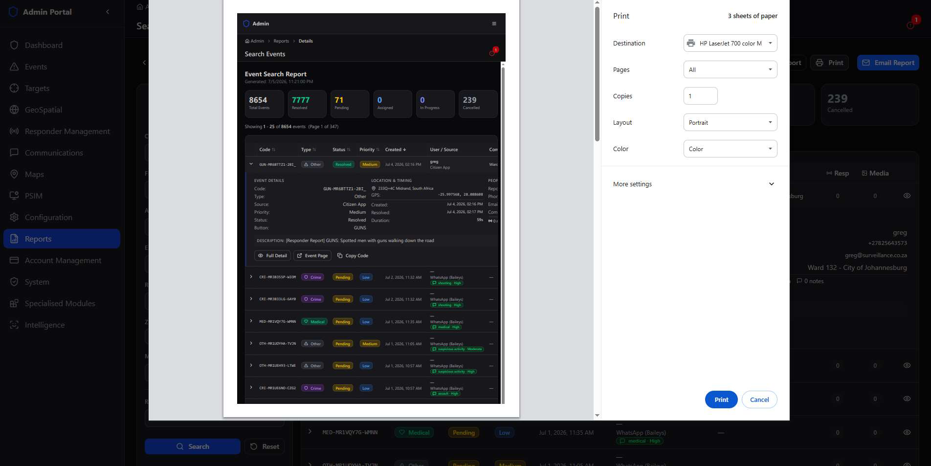 Browser print dialog showing a formatted Event Search Report with totals and a results table, ready to print or save as PDF