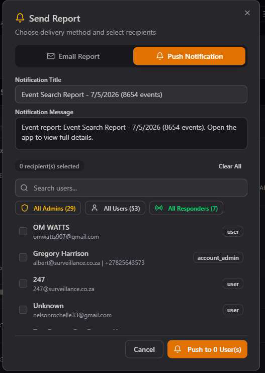 Send Report modal set to Push Notification with a notification title, message, and recipient groups for All Admins, All Users, and All Responders