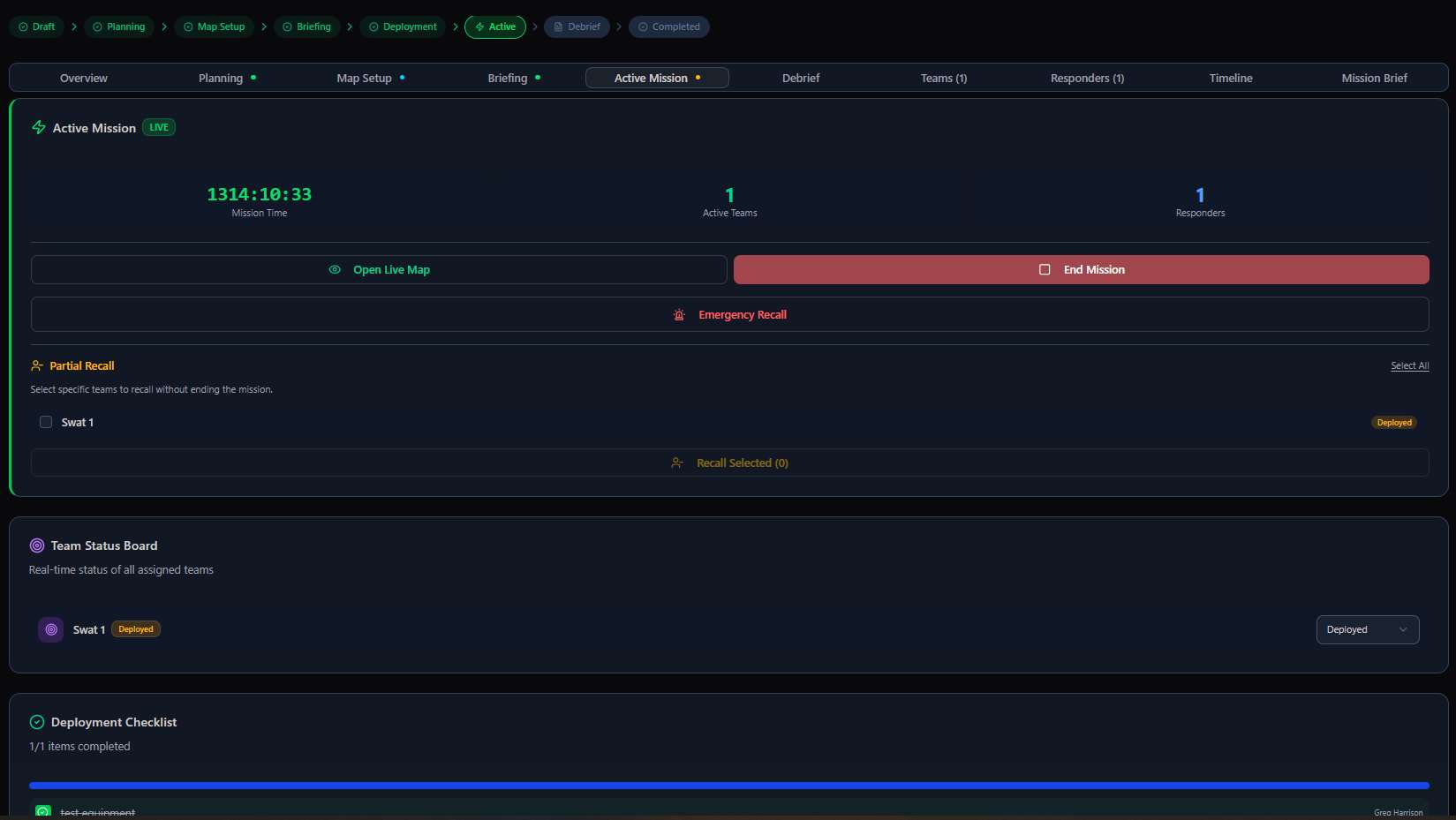 Active Mission command screen