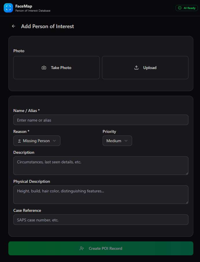 Add Person of Interest form with Take Photo and Upload options, Name/Alias field, Reason dropdown set to Missing Person, Priority dropdown set to Medium, Description, Physical Description, and Case Reference fields, and a Create POI Record button