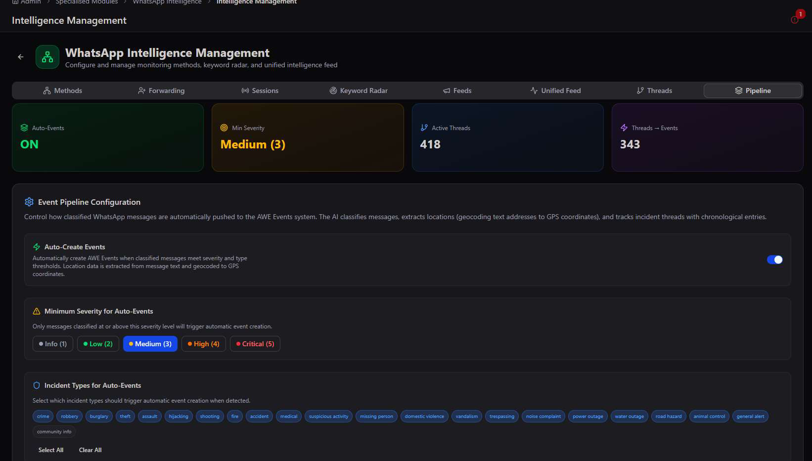 Pipeline tab showing Event Pipeline Configuration, an Auto-Create Events toggle on, Minimum Severity for Auto-Events set to Medium 3 out of Info Low Medium High Critical, and Incident Types for Auto-Events with many types selected including crime, robbery, burglary, theft, assault, hijacking, shooting, fire, accident, medical, and more