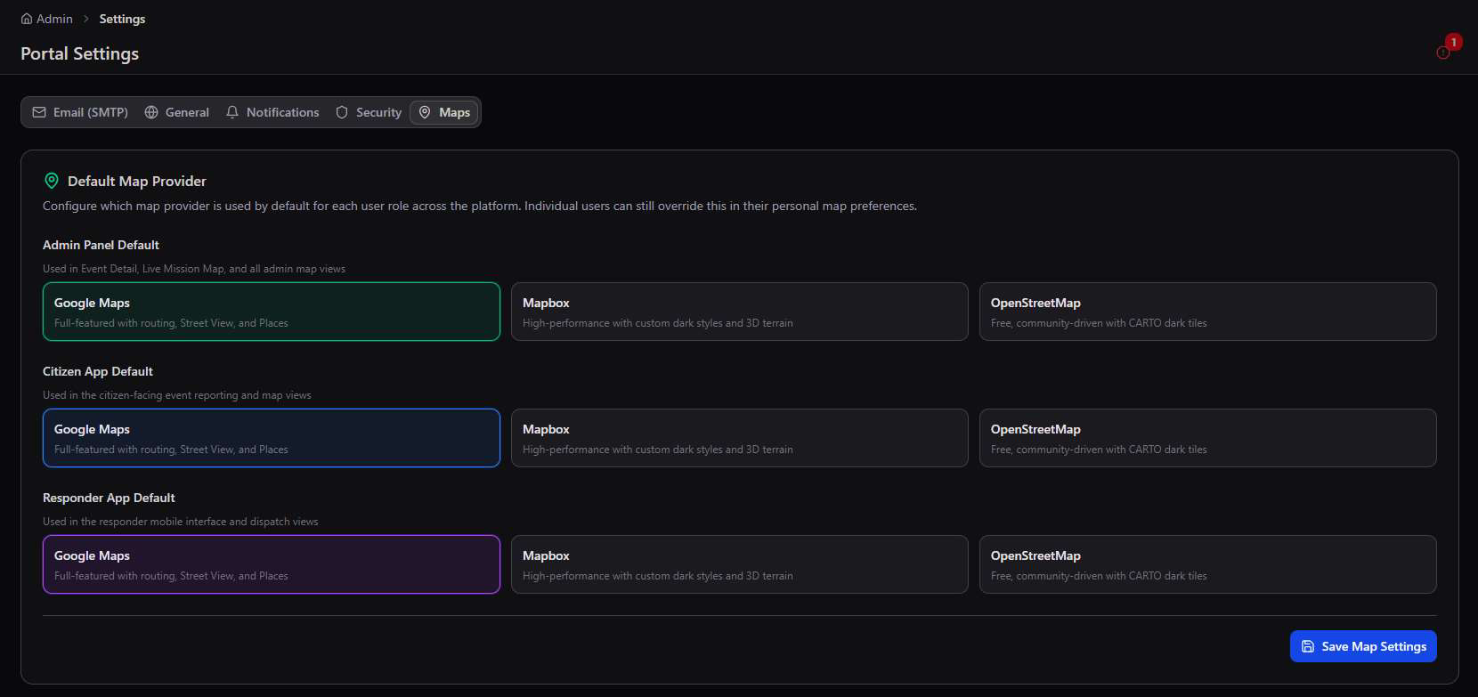 Default Map Provider settings showing Admin Panel Default, Citizen App Default, and Responder App Default each set to Google Maps, with Mapbox and OpenStreetMap as alternative options for each