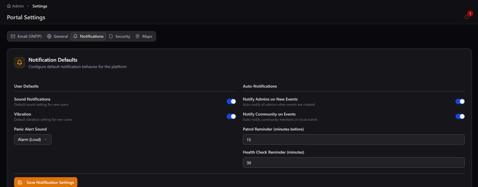 Notification Defaults tab showing User Defaults for Sound Notifications, Vibration, and Panic Alert Sound set to Alarm Loud, plus Auto-Notifications for Notify Admins on New Events, Notify Community on Events, Patrol Reminder 15 minutes, and Health Check Reminder 30 minutes