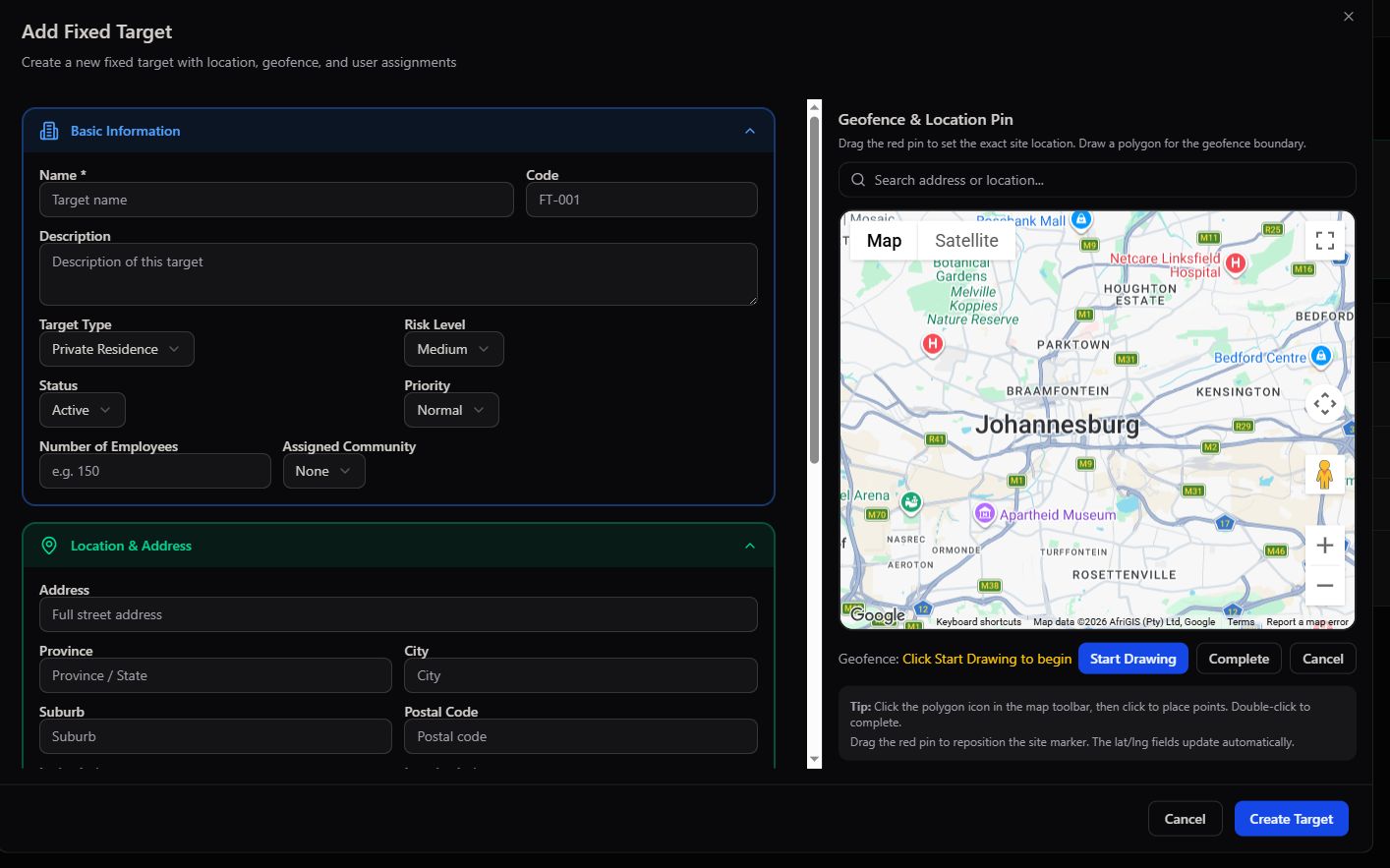 Add Fixed Target form with basic information and geofence map
