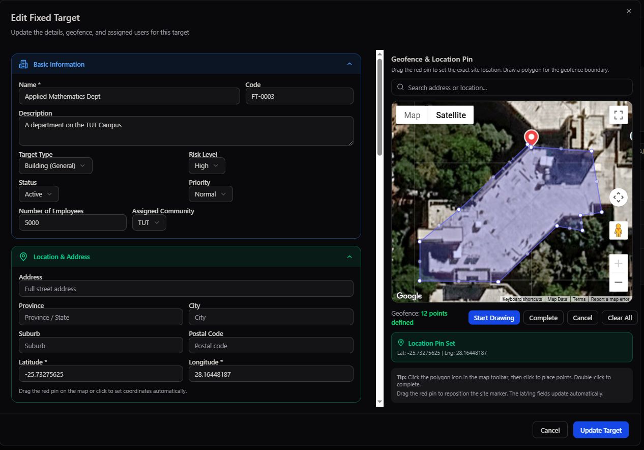 Edit Fixed Target modal with map