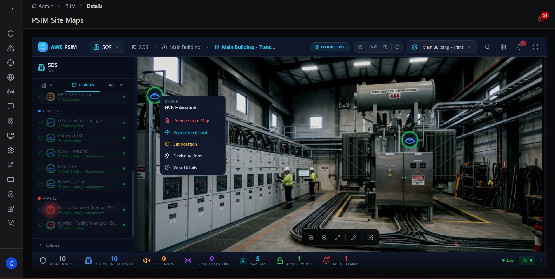 Live device feed on the site map