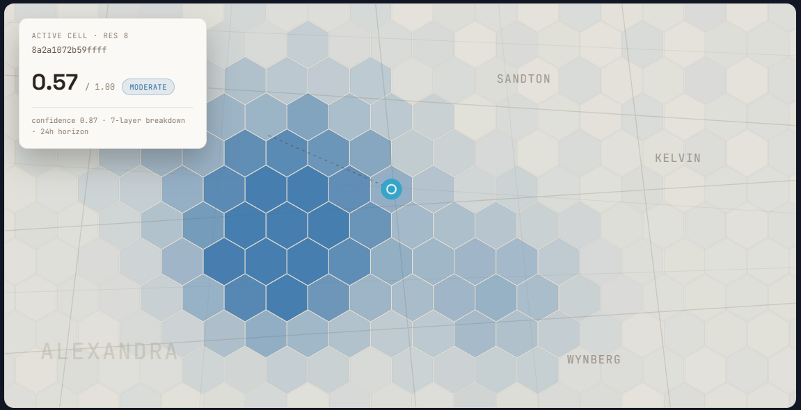 Overwatch hex intelligence map showing a live risk cell over Alexandra, Johannesburg
